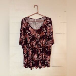 Tencede Floral Babydoll Tunic Top Burgundy Rose Print 5XL